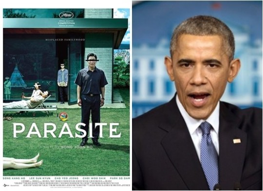 映画『パラサイト　半地下の家族』のポスター、バラク・オバマ米前大統領