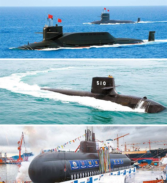 上からＳＬＢＭを搭載した中国の晋級原子力潜水艦、非原子力潜水艦では世界最大規模の日本のそうりゅう型潜水艦、３０００トン級の韓国の安昌浩（アン・ チャンホ）。［中央フォト］