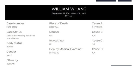 今月１８日（現地時間）、米国カリフォルニア州で新型コロナの疑い症状を示して死亡したウィリアム・ファンさん。医療記録にはファンさんが韓国系と記載されていた。［ザ・サン　ホームページ　キャプチャー］