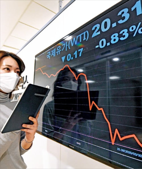 ソウルの金融情報提供会社の職員が２日、国際原油価格グラフを見ている。　ホ・ムンチャン記者