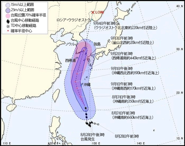 ８月３１日午前３時基準台風９号の予想移動経路。［写真　韓国気象庁］