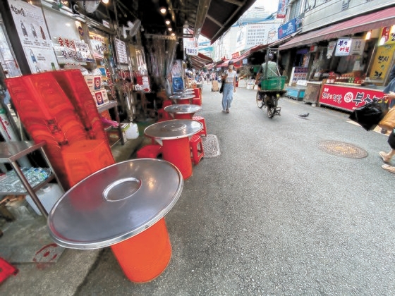 ８月３１日、社会的距離「２．５段階」実施でソウル南大門市場の食堂通りが閑散としている。　チェ・チョンドン記者