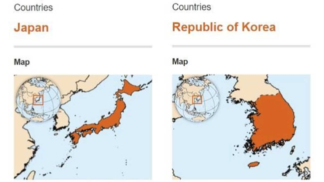 ＷＨＯサイト修正前、国情報サービスの日本（左）と韓国（右）の紹介地図。