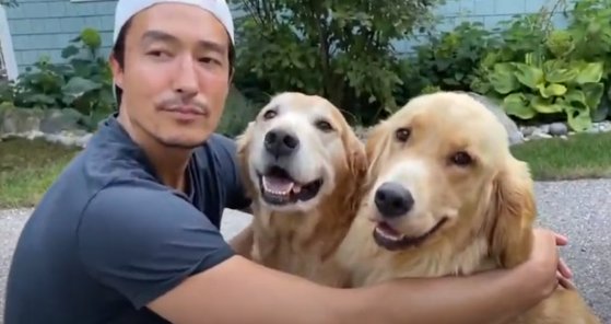 韓国の食用犬農場から救出されたジュリエットとロスコを迎えて飼っている俳優のダニエル・ヘニー。［ユーチューブ　キャプチャー］
