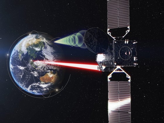 日本の新型データ中継衛星（ＤＲＳ）はレーザー光を利用して大容量データを高速で伝送する。　［宇宙航空開発研究機構（ＪＡＸＡ）]