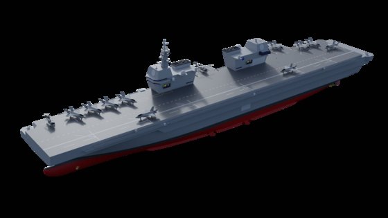 海軍が建造する計画の韓国型軽空母。英国の空母「クイーン・エリザベス」のように艦橋は２つあり、米国の強襲揚陸艦「アメリカ」のように甲板は平たい。　韓国海軍