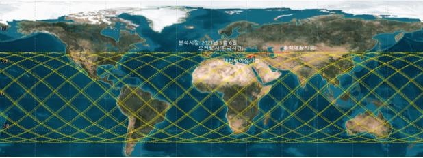 中国ロケット落下予測軌道　［写真　科学技術情報通信部］