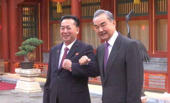 ２７日午後、北京釣魚台国賓館で面会した王毅中国外交部長と李龍男駐中北朝鮮大使。［写真　中国外交部ホームページ］