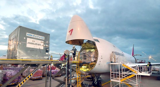 仁川空港のアシアナ航空貨物ターミナルで輸出貨物が飛行機に積み込まれている。キム・サンソン記者