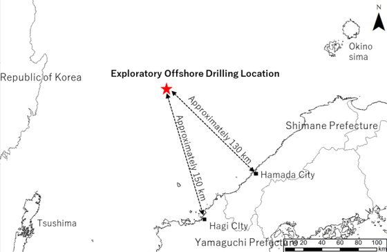 ＩＮＰＥＸが１７日に公開した資料にある位置図。試掘する地点は韓国と日本の間にある。