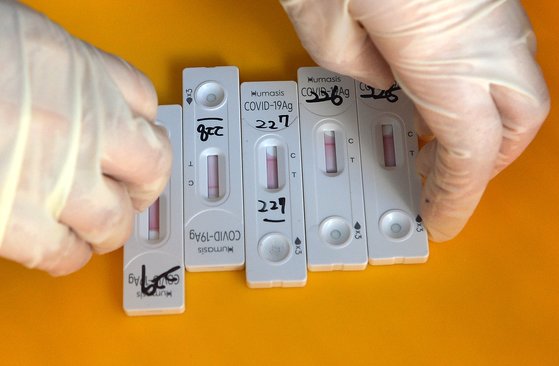 ３日、大田（テジョン）のある保健所の新型コロナ迅速抗原検査所で医療スタッフが市民から回収した自己診断キットを確認している。キム・ソンテ