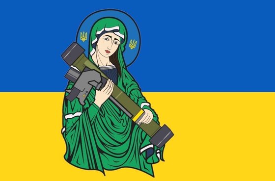 ウクライナのネットユーザーが共有している「聖ジャベリンミサイル」ミーム（ｍｅｍｅ、インターネット流行コンテンツ）。　［ツイッター　キャプチャー］
