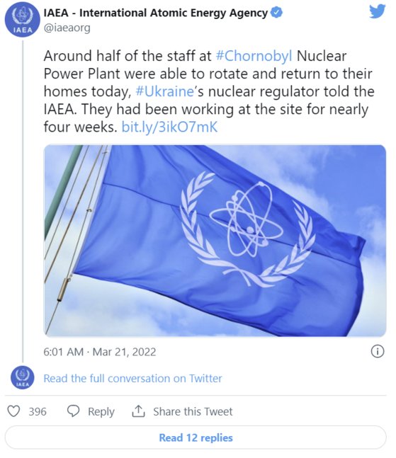 国際原子力機関（ＩＡＥＡ）はチェルノブイリ原発の職員の一部が自宅に戻ることになったと明らかにした。　［ツイッター　キャプチャー］