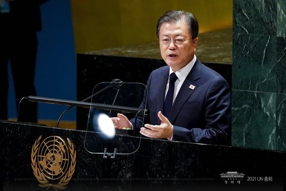 昨年９月の国連総会基調演説で、終戦宣言に対する国際社会の支持を訴えた文在寅大統領。　［青瓦台提供］
