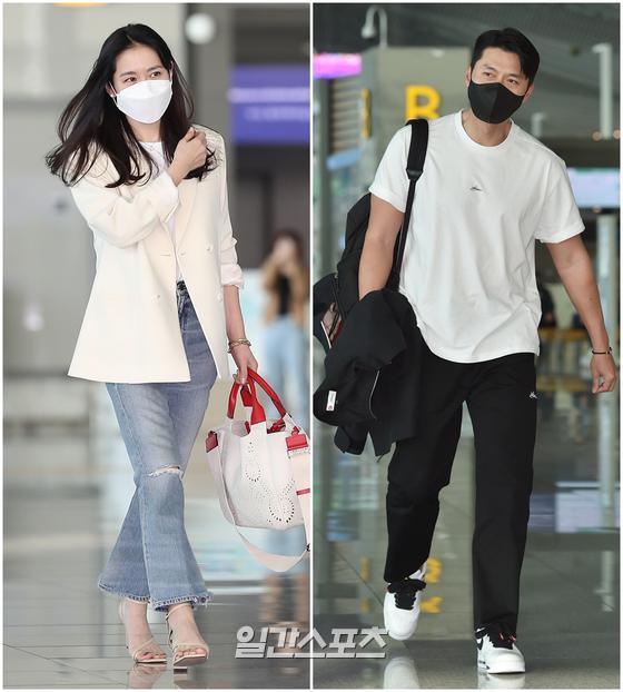 女優ソン・イェジンと俳優ヒョンビンが１１日午後、仁川国際空港を通じて新婚旅行先である米国ロサンゼルスに出国した。［写真　韓国ニッカンスポーツ］