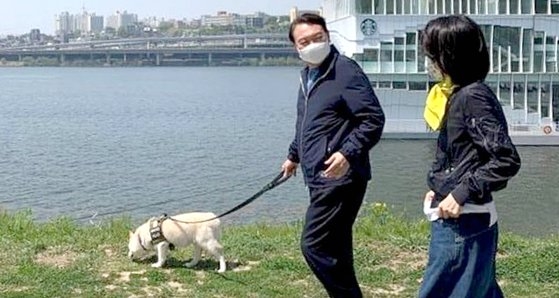 韓国の尹錫悦（ユン・ソクヨル）次期大統領と夫人のキム・ゴニ氏がペット犬と一緒に盤浦（パンポ）漢江（ハンガン）公園を散歩している。［写真　キム・ゴニ氏公式ファンカフェ「ゴンサラン」　キャプチャー］
