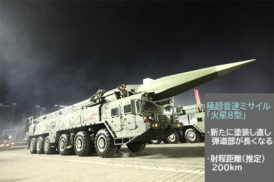 朝鮮人民革命軍創建９０周年記念閲兵式で公開した極超音速ミサイル「火星８型」。