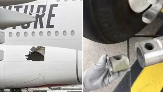 穴が開いたまま１４時間にわたり何事もなく飛行したエミレーツ航空の旅客機。車輪側から異常が発生して航空機の外壁に損傷を受けたことが分かった。［写真　インターネット　キャプチャー］