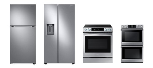 ＪＤパワーの生活家電消費者満足度評価で各部門で１位を占めた冷蔵庫（上冷凍室・下冷蔵室）、フレンチドア冷蔵庫、レンジ、ビルトインオーブンの製品イメージ。［写真　サムスン電子］