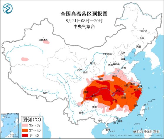 ２１日、中国中央気象台が発表した高温警報気象図。４５℃に迫る異常高温が今後１週間続くことで電力難が続くと中国メディアが懸念を示した。［　中国中央気象台　キャプチャー］