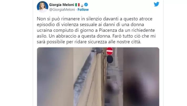 イタリア次期首相として有力視されているジョルジャ・メローニ氏が移住民による性的暴行映像をツイッターに投稿した。［写真　ジョルジャ・メローニ氏　ツイッター　キャプチャー」