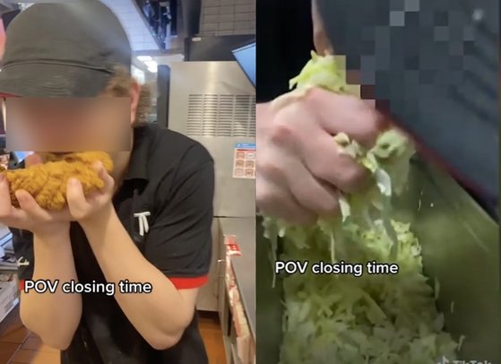 オーストラリアのＫＦＣで働くスタッフがチキンをなめたりかんだりする場面を映した動画がＳＮＳに公開されて問題になっている。［写真　ＴｉｋＴｏｋ　キャプチャー］