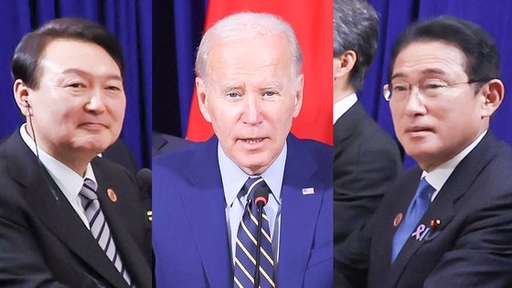 尹錫悦韓国大統領、バイデン米大統領、岸田文雄日本首相。［写真　中央ＤＢ］