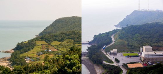 全羅南道高興の羅老宇宙センターは旧ハバン村に作られた。左側は移住２週間前のハバン村、右側は宇宙センターが作られた現在の様子。［写真　チャン・ジョンピル、高興郡］