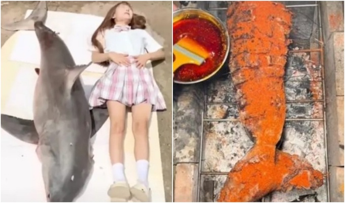 ホホジロザメを料理して食べる中国人インフルエンサー［写真　ＴｉｋＴｏｋ］