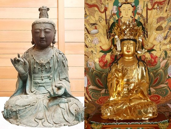 １日、大田（テジョン）高裁が日本の寺の所有権を認めた金銅観音菩薩坐像（左）と京畿道楊坪の龍門寺の金銅観音菩薩坐像。高麗時代の仏像の特徴を見せている。　［写真　文化財庁］