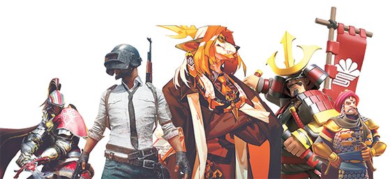 左からゲーム『黒い砂漠』『バトル　グラウンド』『アークナイツ　－明日方舟－』『Ｒｉｓｅ　ｏｆ　Ｋｉｎｇｄｏｍｓ　－万国覚醒－』。