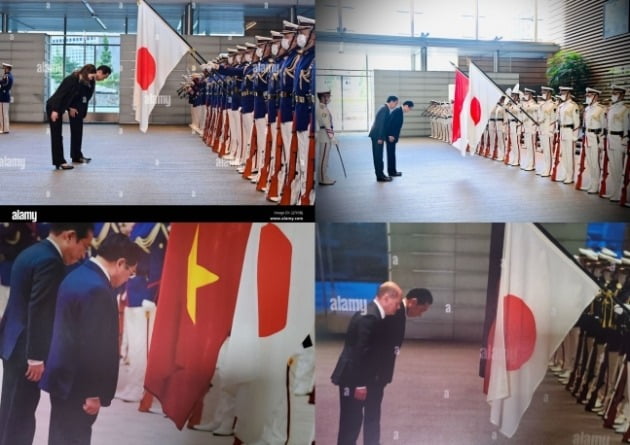 日本を訪問した外国の首脳らが日の丸に敬礼する様子［写真　大統領室］