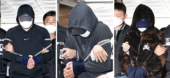 ソウル江南区（カンナムグ）で４０代女性を拉致・殺害した被疑者Ｌら３人が３日、ソウル中央地裁で開かれた令状実質審査に出席している。チャン・ジニョン記者