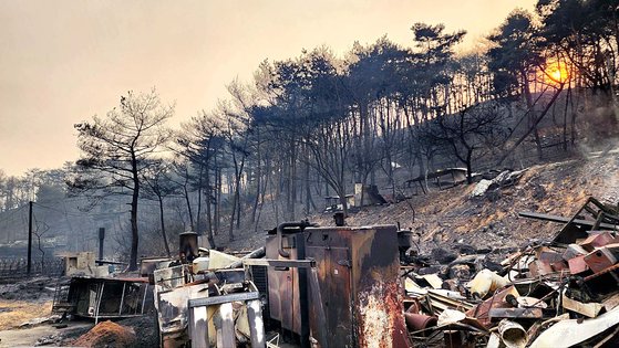 ２日に発生した洪城（ホンソン）の山火事が３日まで続き、住宅も巻き込まれた。　シン・ジンホ記者