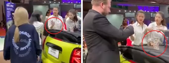 中国上海モーターショーの行事場所でＢＭＷ「ＭＩＮＩ」の職員がアイスクリームを配っている。左側は現地人にアイスクリームを配っていない様子、右側は外国人に配っている様子だ。［写真　微博］