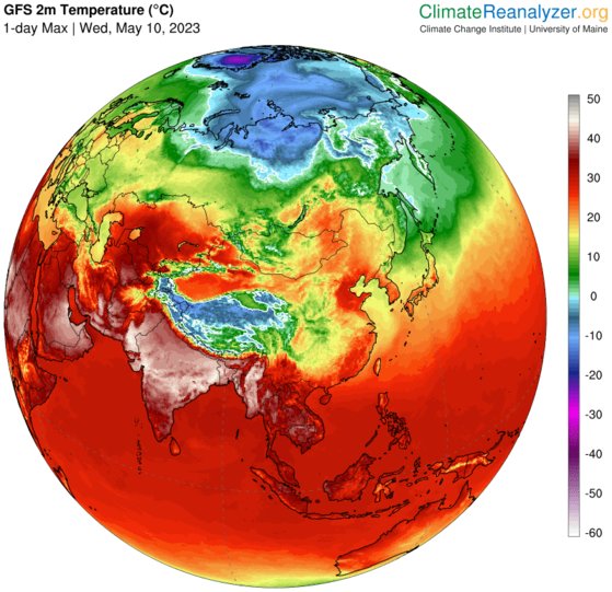 １０日、アジア地域の最高気温分布。インドと東南アジアの一部地域が４０度を超える気温を記録した。［写真　Ｃｌｉｍａｔｅ　Ｒｅａｎａｌｙｚｅｒ］