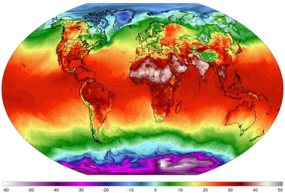 １８日の世界最高気温分布図。［写真　ｃｌｉｍａｔｅ　ｒｅａｎａｌｙｚｅｒ］