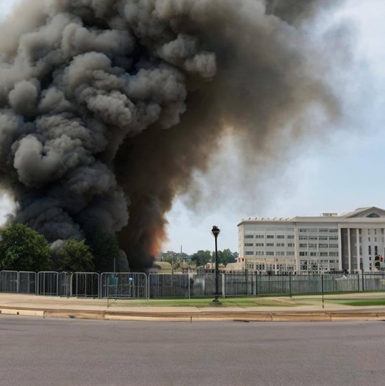 ２２日にツイッターなどで広がった米国防総省近くの大型爆発とされるフェイク写真。この写真は生成型ＡＩが作ったことがわかった。［ツイッター　キャプチャー］