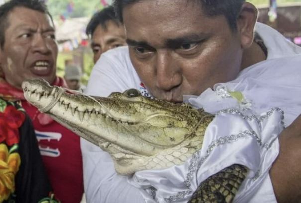 雌ワニに口づけするサンペドロウアメルラ町長。［写真　ＡＦＰ通信］