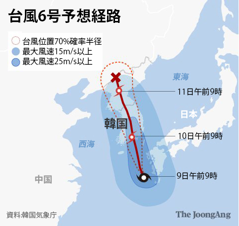 韓半島を通過する台風６号「ＫＨＡＮＵＮ（カーヌン）」の予想経路。キム・ジュウォン記者
