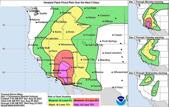 米カリフォルニア南部に発令された大雨注意報［米国立ハリケーンセンター提供］