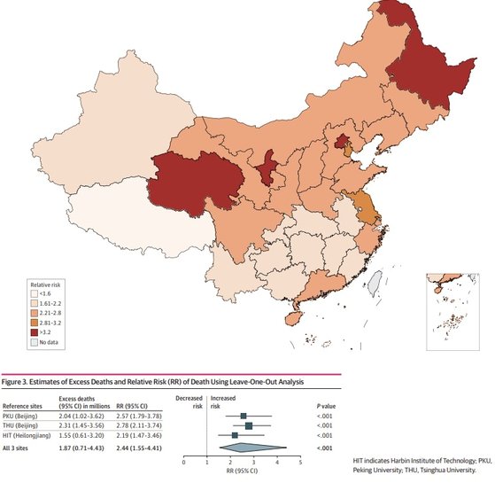 昨年１２月と今年１月、中国全域の超過死亡者発生率。［ＪＡＭＡホームページ　キャプチャー］