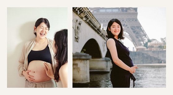 キム・ギュジンさん（３２）が妊娠８カ月目と７カ月目の時に撮影した臨月写真。前者はファン・イェジ作家が、後者はミルラブプロジェクトが撮影した。［写真　キム・ギュジンさん］