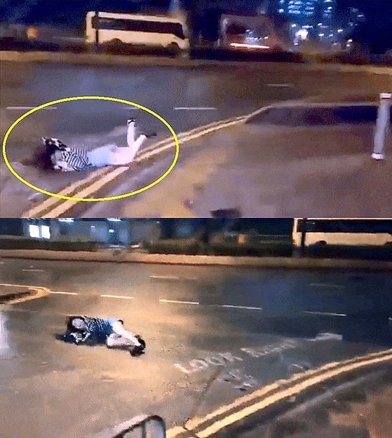 強風で転倒し数十メートル吹き飛ばされた香港の女性。［写真　Ｘ（旧ツイッター）］