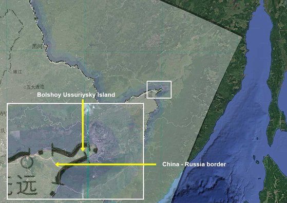 中国とロシア国境地帯のボリショイ・ウスリスキーについて、自国領土を越えて黒い線で表示した中国の「２０２３標準地図」。［写真　Ｘ（旧ツイッター）　キャプチャー］