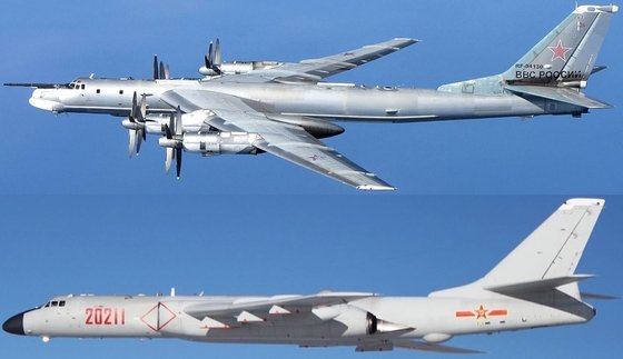 ロシアの戦略爆撃機「Ｔｕー９５」（上）と中国の戦略爆撃機「Ｈー６」。この戦略爆撃機は核打撃が可能な能力を備えている。［ユーチューブ　キャプチャー］