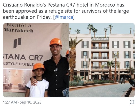 サッカー選手クリスティアーノ・ロナウド（左写真中央）がモロッコに保有するホテルが地震被害者の憩いの場として使われているとスペインメディアが報道した。［Ｘ（旧ツイッター）　キャプチャー］