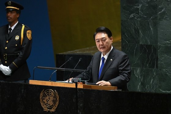 尹錫悦（ユン・ソクヨル）大統領は２１日、国連総会で演説し、国連安全保障理事会の改革に言及した。［大統領室提供］