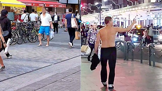 韓国元プロ野球選手のユーチューバーが日本の路上で上半身裸の状態で通行人に大声で罵声を浴びせていた事実が伝えられて物議を醸している。［写真　コミュニティ　キャプチャー］