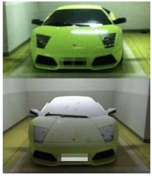 ２０１２年６月光州（クァンジュ）のあるマンション地下に駐車してあったランボルギーニに当時１１歳の小学生が消火器を噴射して車体の上にのぼる事件があった。［写真　オンラインコミュニティ］
